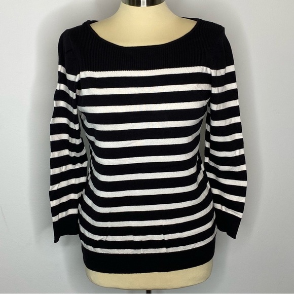 Ann Taylor Factory Sweaters - Ann Taylor Factory Black and White Striped Boatneck Crop Sleeve Sweater